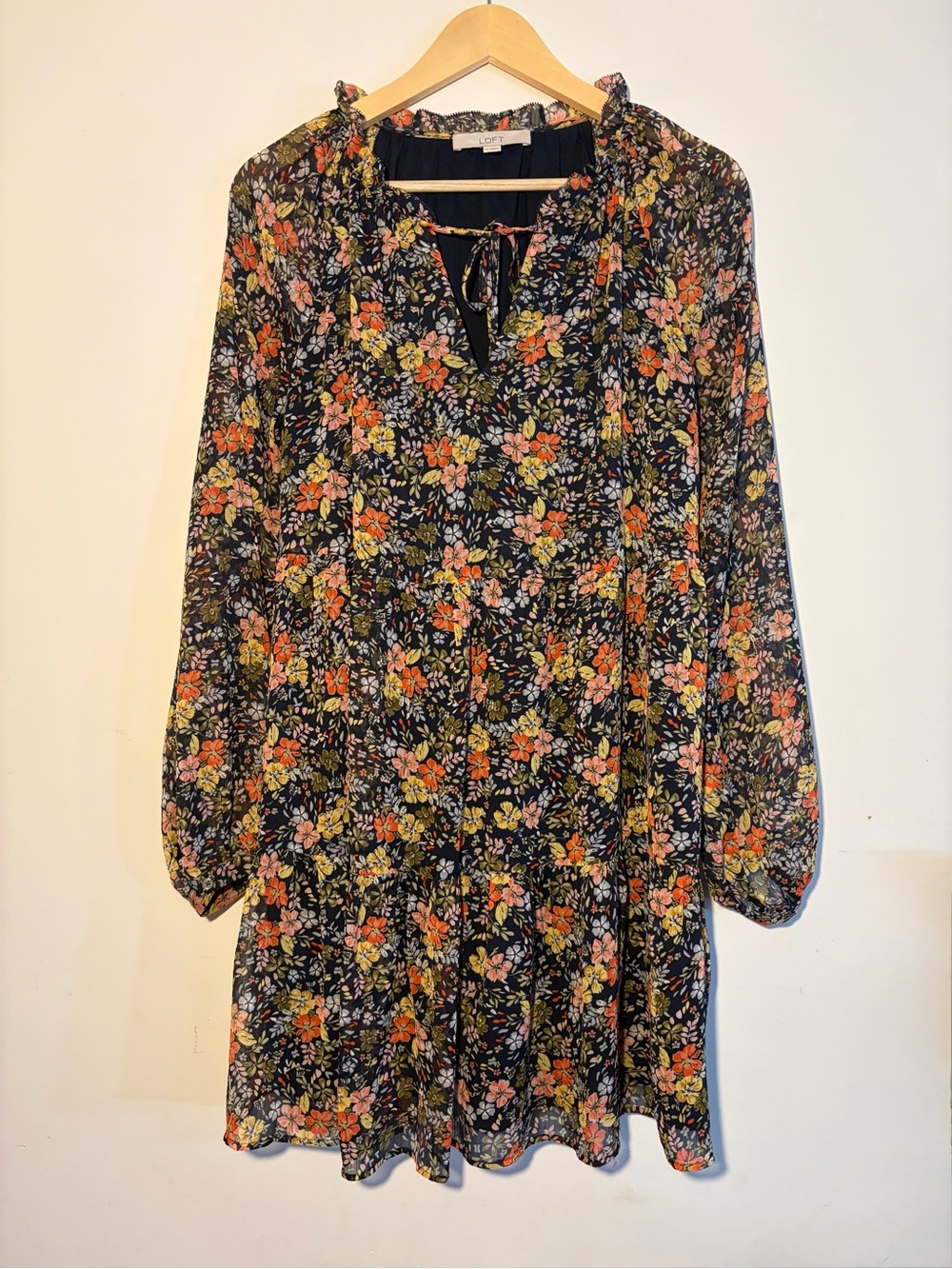 LOFT Flounce Dress Size Medium Bohemian Blue Floral, Long Sleeve, Tie Neck